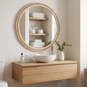 English Elm Natural Wood Beaded Round Wall Mirror Handcrafted Solid Frame Farmhouse Bathroom Entryway Natural Wood W2203P524927
