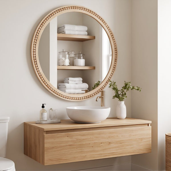 English Elm Natural Wood Beaded Round Wall Mirror Handcrafted Solid Frame Farmhouse Bathroom Entryway Natural Wood W2203P524927