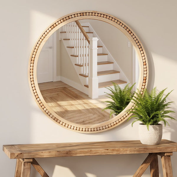 English Elm Natural Wood Beaded Round Wall Mirror Handcrafted Solid Frame Farmhouse Bathroom Entryway Natural Wood W2203P524927