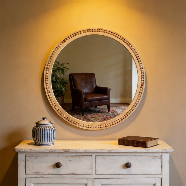 English Elm Natural Wood Beaded Round Wall Mirror Handcrafted Solid Frame Farmhouse Bathroom Entryway Natural Wood W2203P524927