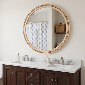 English Elm Natural Wood Beaded Round Wall Mirror Handcrafted Solid Frame Farmhouse Bathroom Entryway Natural Wood W2203P524927