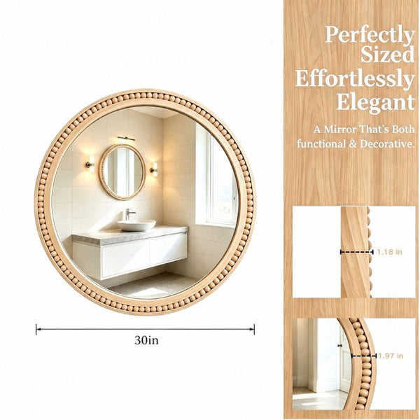 English Elm Natural Wood Beaded Round Wall Mirror Handcrafted Solid Frame Farmhouse Bathroom Entryway Natural Wood W2203P524927