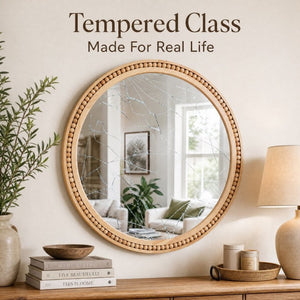 English Elm Natural Wood Beaded Round Wall Mirror Handcrafted Solid Frame Farmhouse Bathroom Entryway Natural Wood W2203P524927