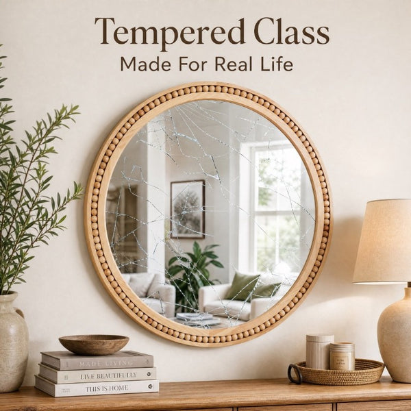 English Elm Natural Wood Beaded Round Wall Mirror Handcrafted Solid Frame Farmhouse Bathroom Entryway Natural Wood W2203P524927