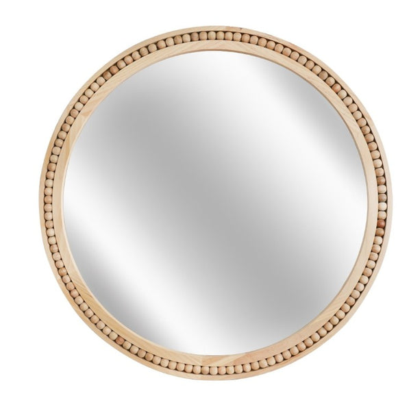 English Elm Natural Wood Beaded Round Wall Mirror Handcrafted Solid Frame Farmhouse Bathroom Entryway Natural Wood W2203P524927