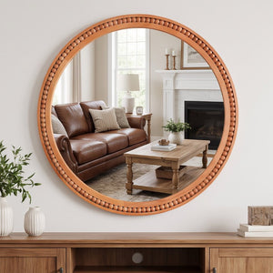 English Elm Natural Wood Beaded Round Wall Mirror Handcrafted Solid Frame Farmhouse Bathroom Entryway Yellowish-Brown W2203P524929