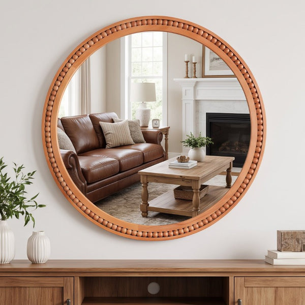 English Elm Natural Wood Beaded Round Wall Mirror Handcrafted Solid Frame Farmhouse Bathroom Entryway Yellowish-Brown W2203P524929
