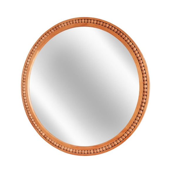 English Elm Natural Wood Beaded Round Wall Mirror Handcrafted Solid Frame Farmhouse Bathroom Entryway Yellowish-Brown W2203P524929