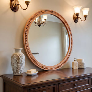 English Elm Natural Wood Beaded Round Wall Mirror Handcrafted Solid Frame Farmhouse Bathroom Entryway Yellowish-Brown W2203P524929