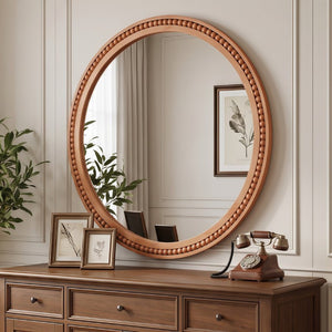 English Elm Natural Wood Beaded Round Wall Mirror Handcrafted Solid Frame Farmhouse Bathroom Entryway Yellowish-Brown W2203P524929