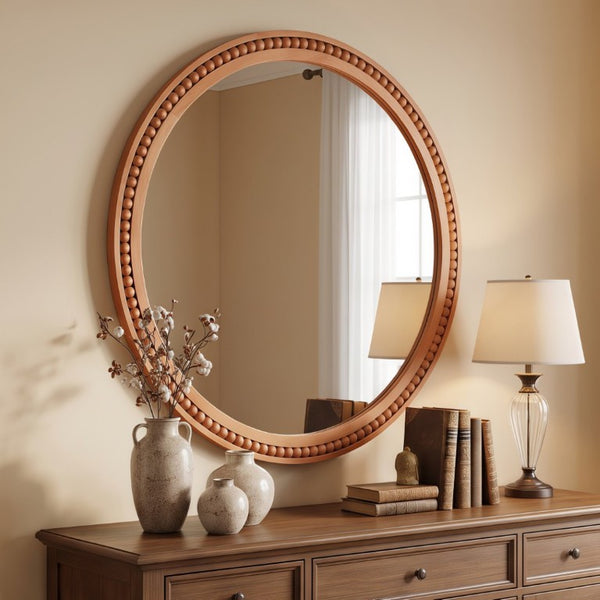 English Elm Natural Wood Beaded Round Wall Mirror Handcrafted Solid Frame Farmhouse Bathroom Entryway Yellowish-Brown W2203P524929