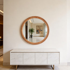 English Elm Natural Wood Beaded Round Wall Mirror Handcrafted Solid Frame Farmhouse Bathroom Entryway Yellowish-Brown W2203P524929