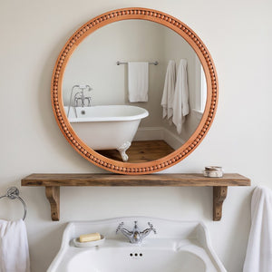 English Elm Natural Wood Beaded Round Wall Mirror Handcrafted Solid Frame Farmhouse Bathroom Entryway Yellowish-Brown W2203P524929