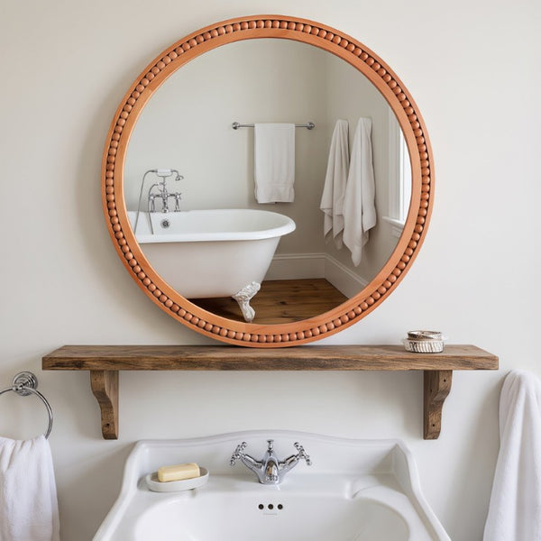 English Elm Natural Wood Beaded Round Wall Mirror Handcrafted Solid Frame Farmhouse Bathroom Entryway Yellowish-Brown W2203P524929
