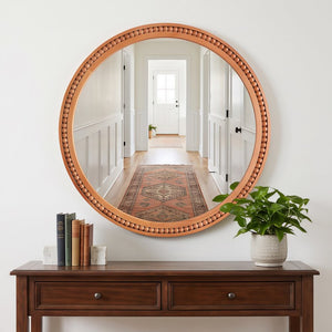 English Elm Natural Wood Beaded Round Wall Mirror Handcrafted Solid Frame Farmhouse Bathroom Entryway Yellowish-Brown W2203P524929