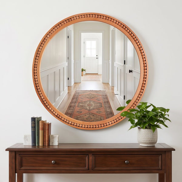 English Elm Natural Wood Beaded Round Wall Mirror Handcrafted Solid Frame Farmhouse Bathroom Entryway Yellowish-Brown W2203P524929