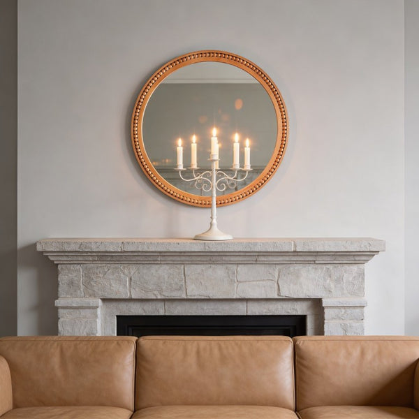 English Elm Natural Wood Beaded Round Wall Mirror Handcrafted Solid Frame Farmhouse Bathroom Entryway Yellowish-Brown W2203P524929