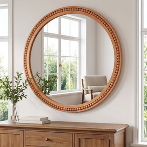 English Elm Natural Wood Beaded Round Wall Mirror Handcrafted Solid Frame Farmhouse Bathroom Entryway Yellowish-Brown W2203P524929
