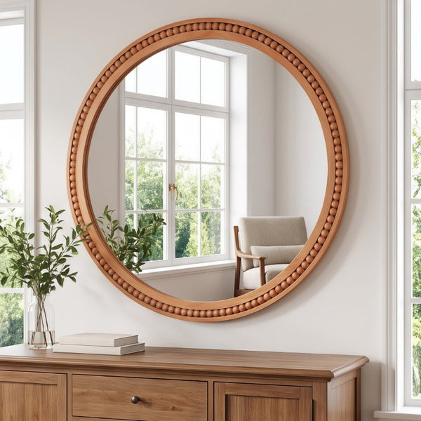 English Elm Natural Wood Beaded Round Wall Mirror Handcrafted Solid Frame Farmhouse Bathroom Entryway Yellowish-Brown W2203P524929