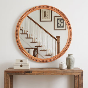 English Elm Natural Wood Beaded Round Wall Mirror Handcrafted Solid Frame Farmhouse Bathroom Entryway Yellowish-Brown W2203P524929