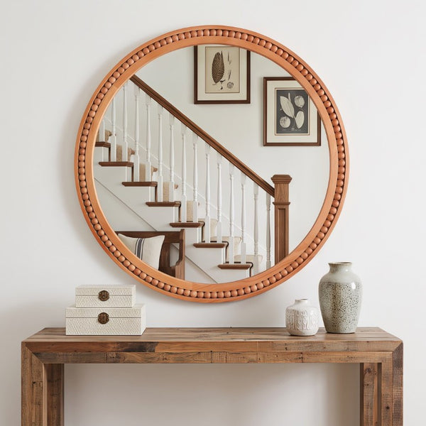 English Elm Natural Wood Beaded Round Wall Mirror Handcrafted Solid Frame Farmhouse Bathroom Entryway Yellowish-Brown W2203P524929