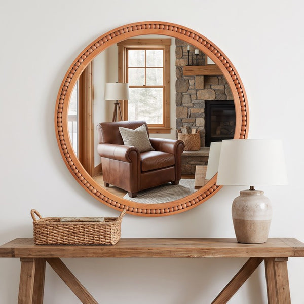English Elm Natural Wood Beaded Round Wall Mirror Handcrafted Solid Frame Farmhouse Bathroom Entryway Yellowish-Brown W2203P524929