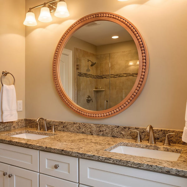 English Elm Natural Wood Beaded Round Wall Mirror Handcrafted Solid Frame Farmhouse Bathroom Entryway Yellowish-Brown W2203P524929