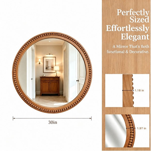English Elm Natural Wood Beaded Round Wall Mirror Handcrafted Solid Frame Farmhouse Bathroom Entryway Yellowish-Brown W2203P524929