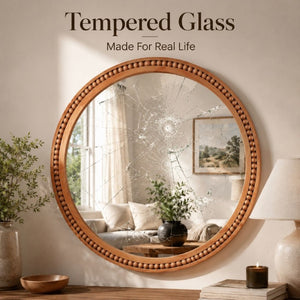 English Elm Natural Wood Beaded Round Wall Mirror Handcrafted Solid Frame Farmhouse Bathroom Entryway Yellowish-Brown W2203P524929