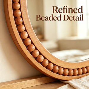 English Elm Natural Wood Beaded Round Wall Mirror Handcrafted Solid Frame Farmhouse Bathroom Entryway Yellowish-Brown W2203P524929