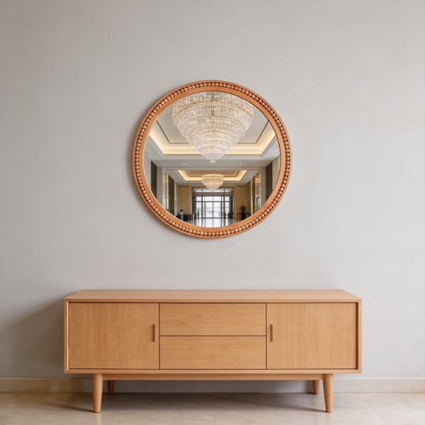 English Elm Natural Wood Beaded Round Wall Mirror Handcrafted Solid Frame Farmhouse Bathroom Entryway Yellowish-Brown W2203P524929