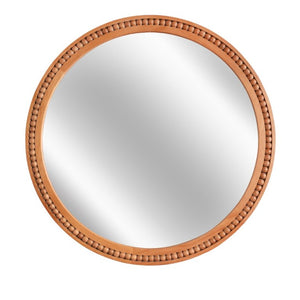 English Elm Natural Wood Beaded Round Wall Mirror Handcrafted Solid Frame Farmhouse Bathroom Entryway Yellowish-Brown W2203P524929