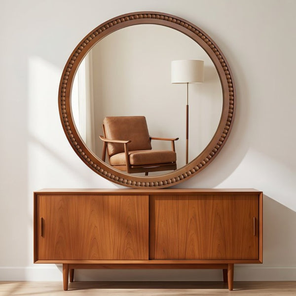 English Elm Natural Wood Beaded Round Wall Mirror Handcrafted Solid Frame Farmhouse Bathroom Entryway Black + Dark Walnut W2203P524932