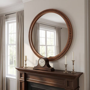 English Elm Natural Wood Beaded Round Wall Mirror Handcrafted Solid Frame Farmhouse Bathroom Entryway Black + Dark Walnut W2203P524932
