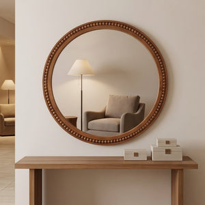 English Elm Natural Wood Beaded Round Wall Mirror Handcrafted Solid Frame Farmhouse Bathroom Entryway Black + Dark Walnut W2203P524932