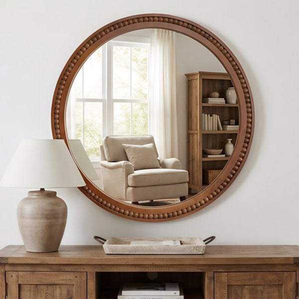 English Elm Natural Wood Beaded Round Wall Mirror Handcrafted Solid Frame Farmhouse Bathroom Entryway Black + Dark Walnut W2203P524932