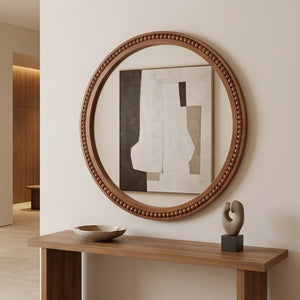 English Elm Natural Wood Beaded Round Wall Mirror Handcrafted Solid Frame Farmhouse Bathroom Entryway Black + Dark Walnut W2203P524932