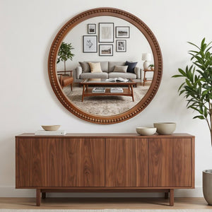 English Elm Natural Wood Beaded Round Wall Mirror Handcrafted Solid Frame Farmhouse Bathroom Entryway Black + Dark Walnut W2203P524932