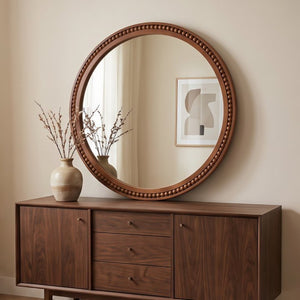 English Elm Natural Wood Beaded Round Wall Mirror Handcrafted Solid Frame Farmhouse Bathroom Entryway Black + Dark Walnut W2203P524932