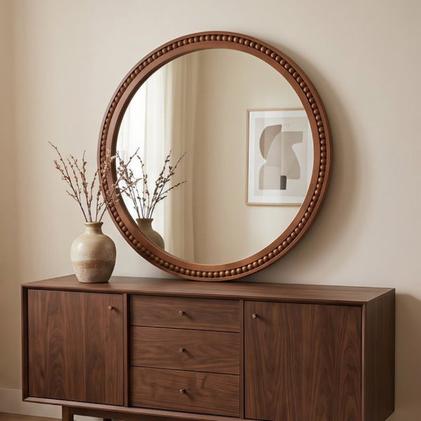English Elm Natural Wood Beaded Round Wall Mirror Handcrafted Solid Frame Farmhouse Bathroom Entryway Black + Dark Walnut W2203P524932