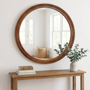 English Elm Natural Wood Beaded Round Wall Mirror Handcrafted Solid Frame Farmhouse Bathroom Entryway Black + Dark Walnut W2203P524932
