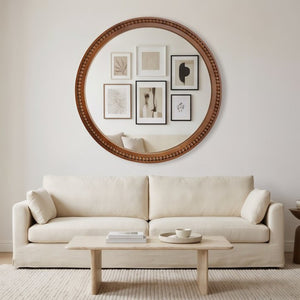 English Elm Natural Wood Beaded Round Wall Mirror Handcrafted Solid Frame Farmhouse Bathroom Entryway Black + Dark Walnut W2203P524932