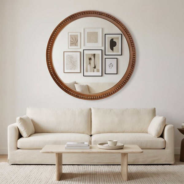 English Elm Natural Wood Beaded Round Wall Mirror Handcrafted Solid Frame Farmhouse Bathroom Entryway Black + Dark Walnut W2203P524932