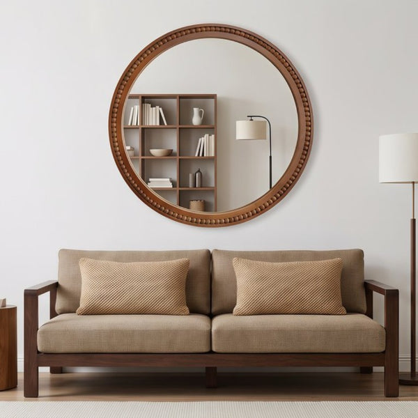 English Elm Natural Wood Beaded Round Wall Mirror Handcrafted Solid Frame Farmhouse Bathroom Entryway Black + Dark Walnut W2203P524932