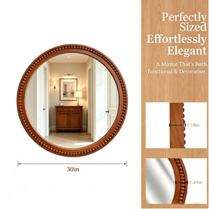 English Elm Natural Wood Beaded Round Wall Mirror Handcrafted Solid Frame Farmhouse Bathroom Entryway Black + Dark Walnut W2203P524932