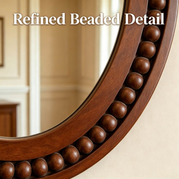 English Elm Natural Wood Beaded Round Wall Mirror Handcrafted Solid Frame Farmhouse Bathroom Entryway Black + Dark Walnut W2203P524932