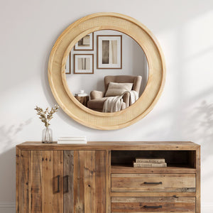 English Elm Natural Rattan Woven Round Wall Mirror Handcrafted Bohemian Accent for Entryway Bath Natural Wood 24 inches W2203P530873