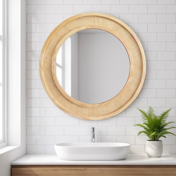 English Elm Natural Rattan Woven Round Wall Mirror Handcrafted Bohemian Accent for Entryway Bath Natural Wood 24 inches W2203P530873