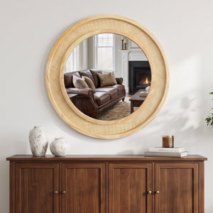 English Elm Natural Rattan Woven Round Wall Mirror Handcrafted Bohemian Accent for Entryway Bath Natural Wood 24 inches W2203P530873