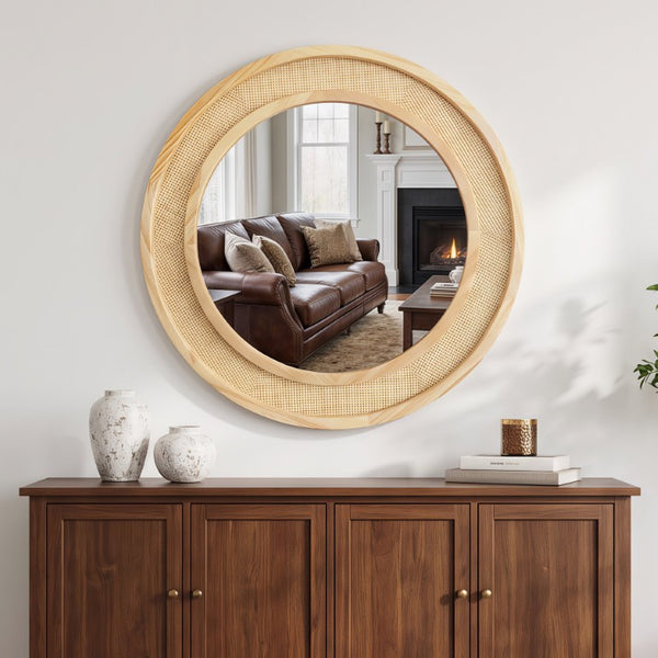 English Elm Natural Rattan Woven Round Wall Mirror Handcrafted Bohemian Accent for Entryway Bath Natural Wood 24 inches W2203P530873
